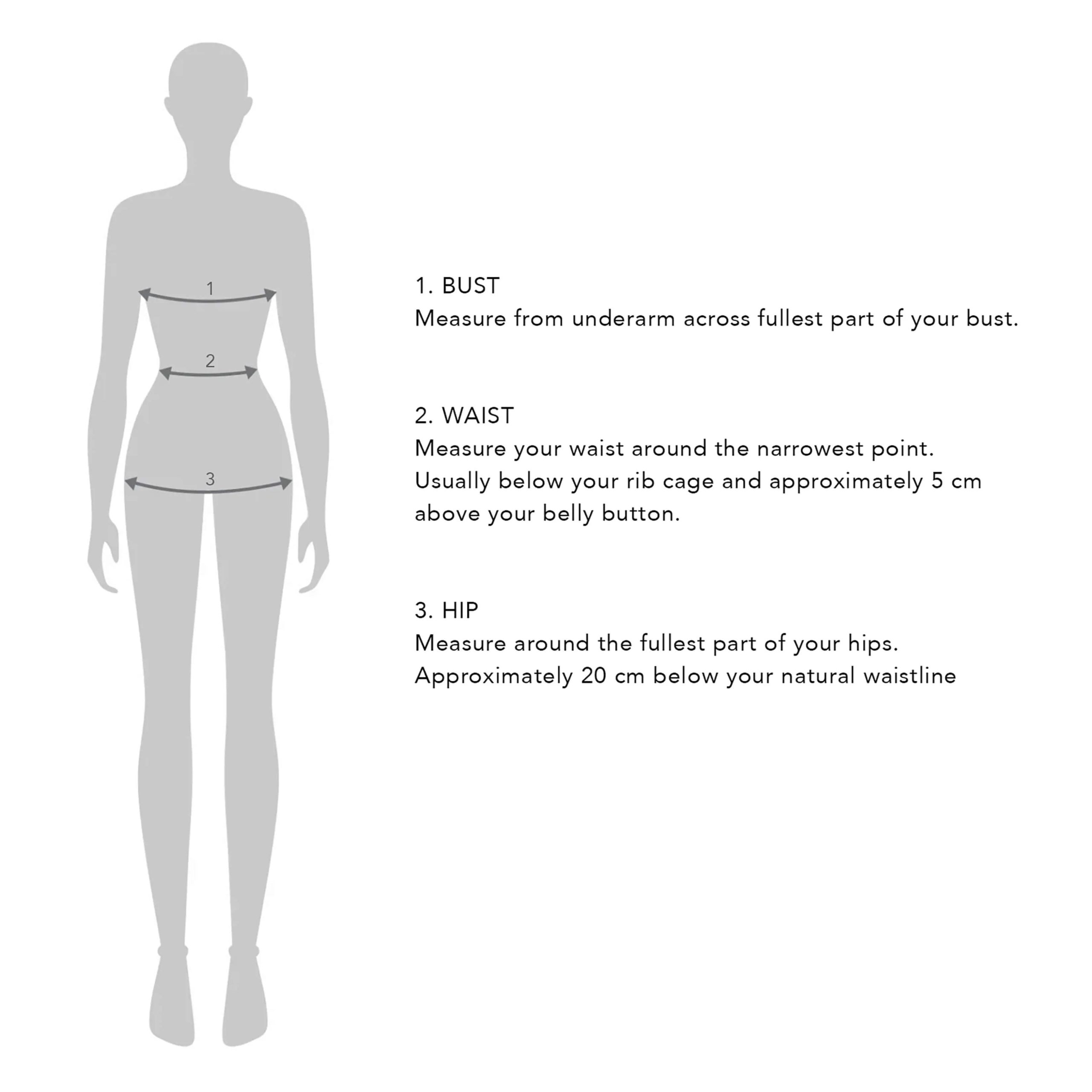 Diagram showing how to measure bust, waist, and hip with a silhouette of a person.